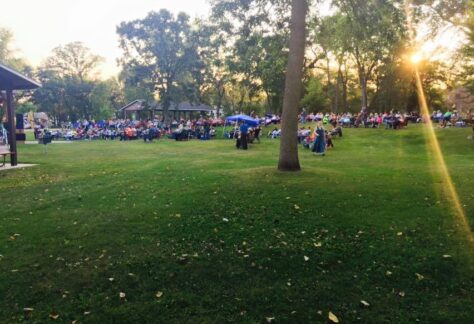 People at the park listening to music.