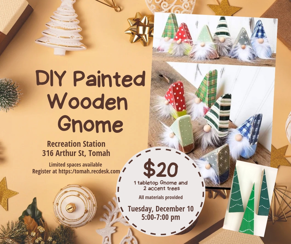 Wooden Gnome adult crafting class flier