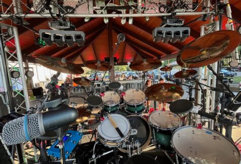 The view from behind the drum kit on stage