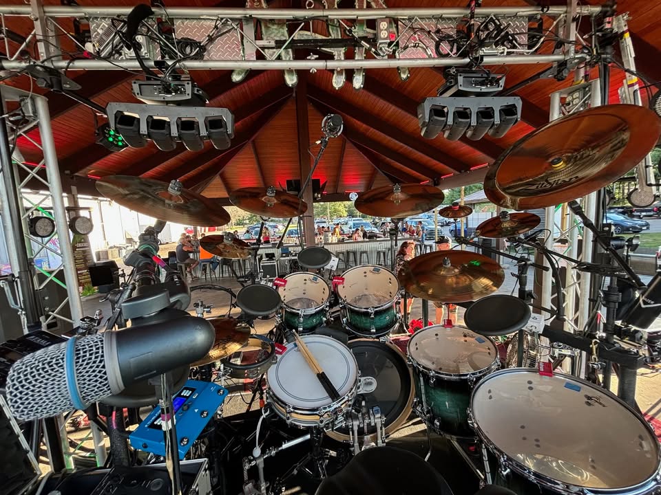 The view from behind the drum kit on stage