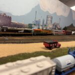 A close up of a model railroad