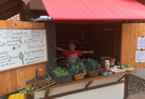 A young boy stretches out his arms showing all his vegetables for sale.
