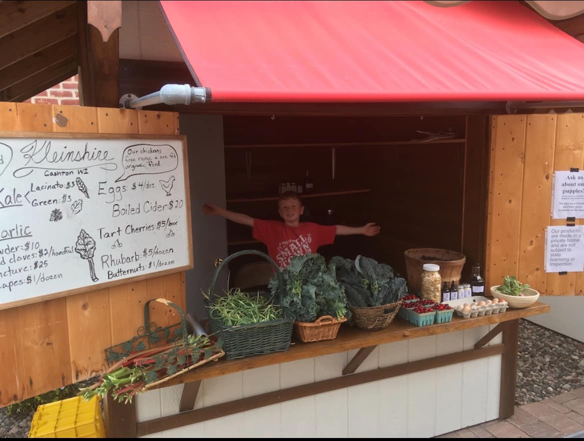 A young boy stretches out his arms showing all his vegetables for sale.