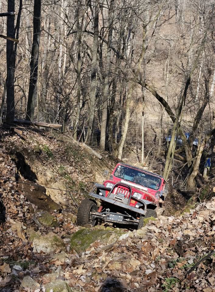 A jeep driving through a gully in the woods