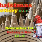 clay trees and gnomes lined up on a kiln