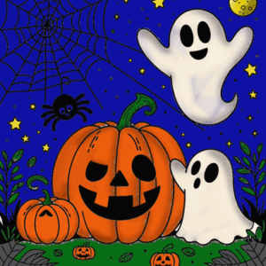 two ghosts and a pumpkin