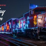 The Holiday Train lit up with christmas lights