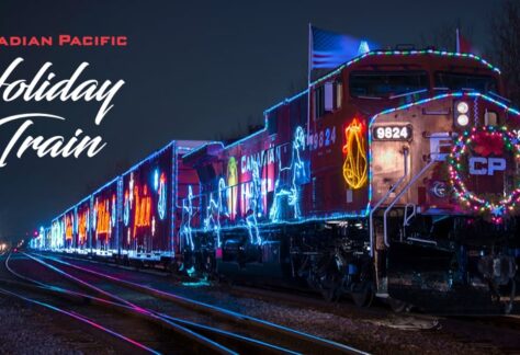 The Holiday Train lit up with christmas lights