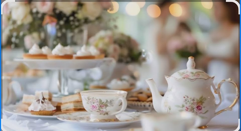a pretty tea set and small cakes