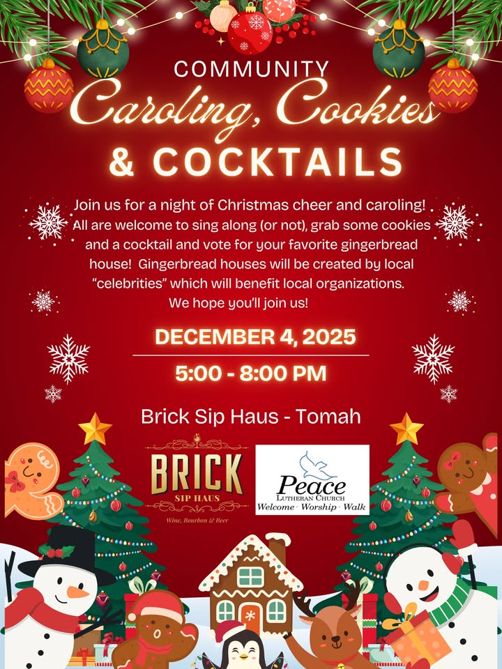 Coookies, caroling, and cocktails event flier
