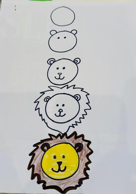 A picture showing the steps on how to draw a lion.