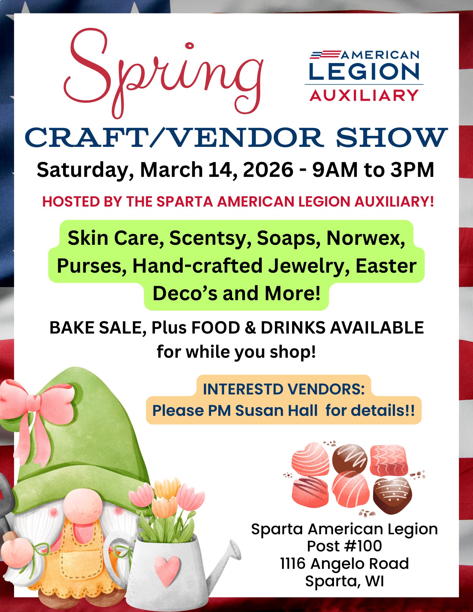 A poster for the Auxiliary Spring Craft Vendor Show with a garden gnome on it.