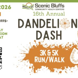 A poster with the event information in different colors and a shoeprint on in orange.