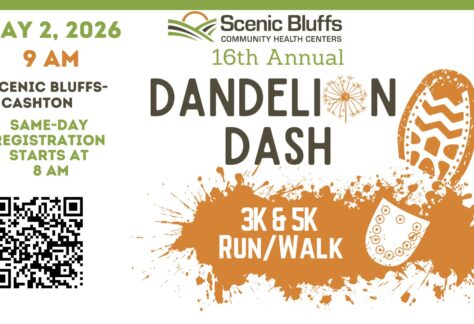 A poster with the event information in different colors and a shoeprint on in orange.