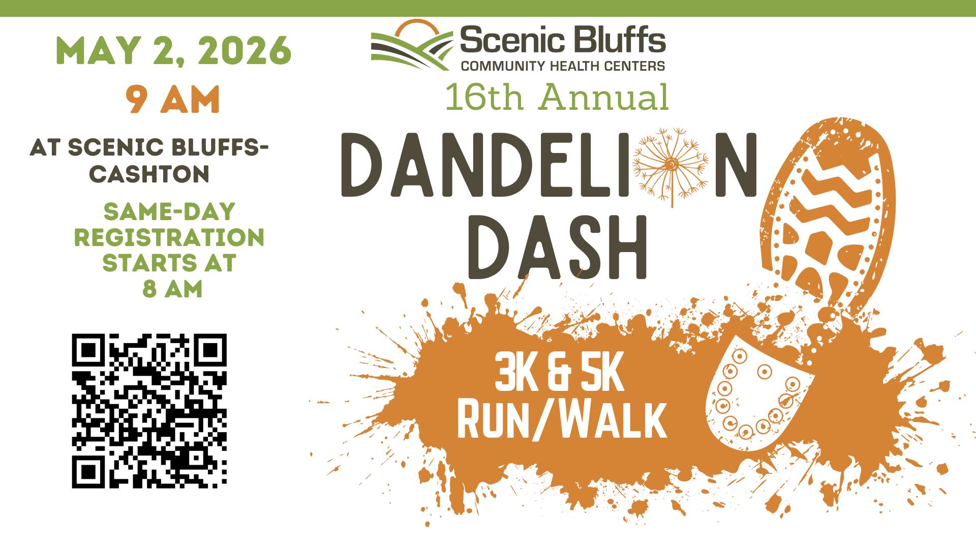 A poster with the event information in different colors and a shoeprint on in orange.