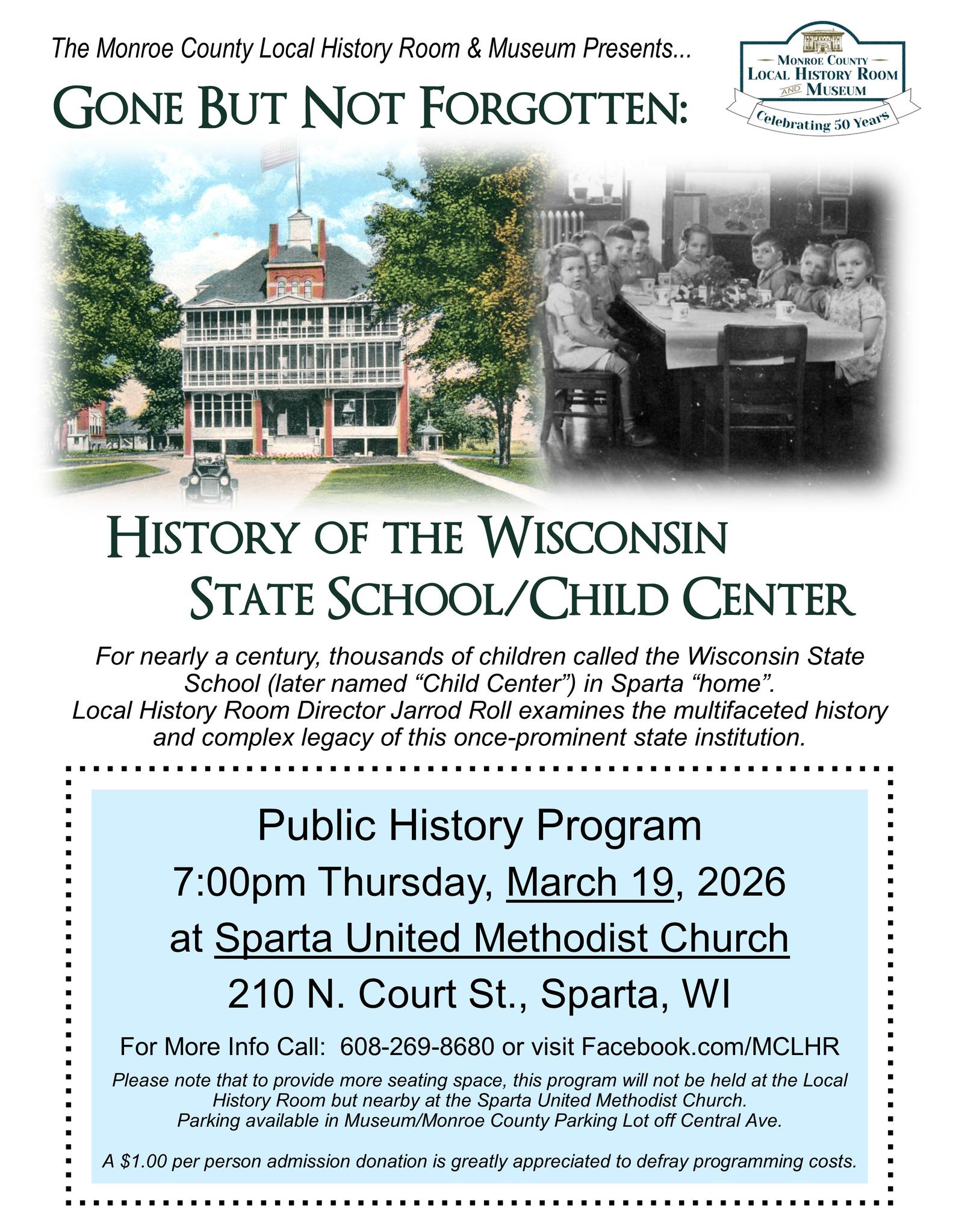 A old picture of the Wisconsin State school/ Child Center and next to that picture is a black and white photo of children.