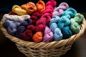 A basket with colorful yarn in it.