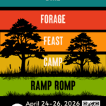 A poster with different color blocks in it and dark trees on it.