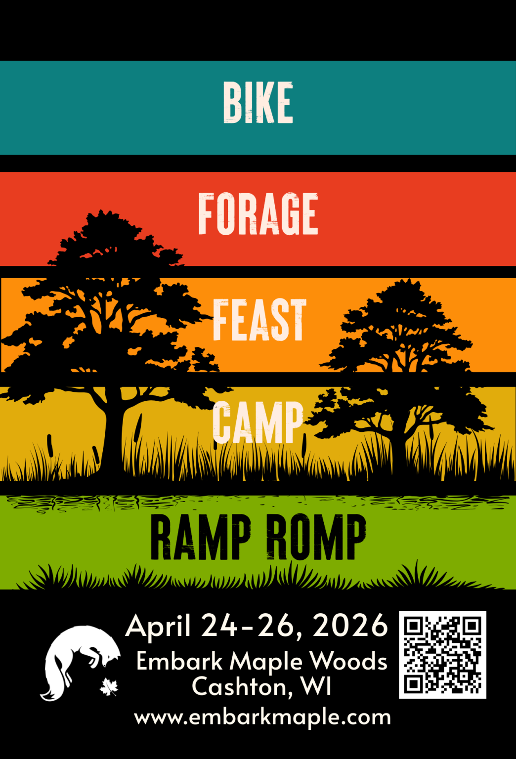 A poster with different color blocks in it and dark trees on it.