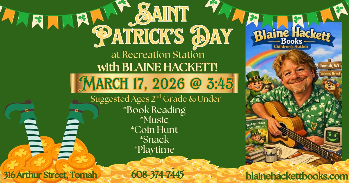 A poster with gold on it and legs of a leprechaun's legs sticking out of it and next to it is a picture of Blaine Hackett.