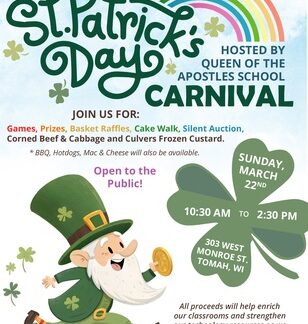 A poster with a leprechaun running with a four-leaf clover in front of him.