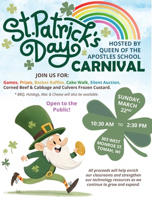 A poster with a leprechaun running with a four-leaf clover in front of him.