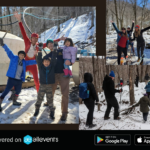 Three different photos with group of people posing at Embark Maple Farm.