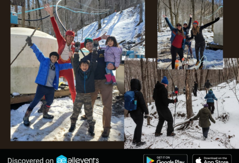 Three different photos with group of people posing at Embark Maple Farm.
