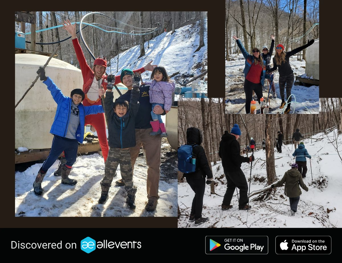 Three different photos with group of people posing at Embark Maple Farm.