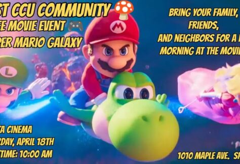 A poster with the event information on it and a picture from the Super Mario Galaxy.
