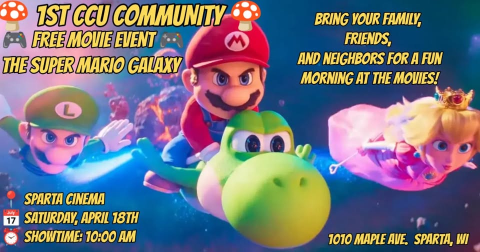 A poster with the event information on it and a picture from the Super Mario Galaxy.