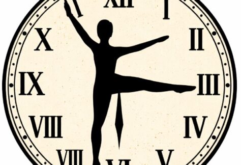 A drawing of a dancing on a clockface with the dancer's legs and arms being used for the clock hands.