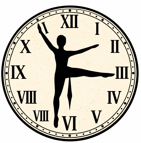 A drawing of a dancing on a clockface with the dancer's legs and arms being used for the clock hands.