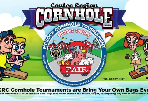 Two pairs of cartoon characters playing cornhole: a man and boy on the left with bean bags.