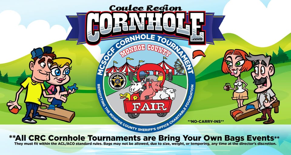 Two pairs of cartoon characters playing cornhole: a man and boy on the left with bean bags.