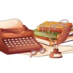 A picture with a typewriter and books in it.