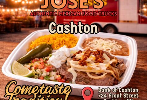 A poster with a picture of Mexican food on it and event information.