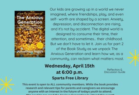 A poster with the event information on it and also shows a book about the anxious generation.