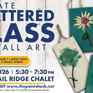 A poster with the event information also showing shattered glass wall art.