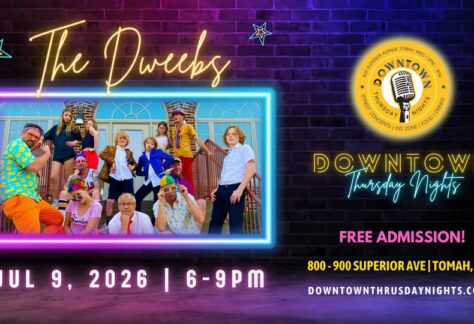 A poster with the event information on it along with a photo of the band The Dweebs.