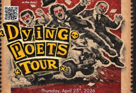 "Dying Poets Tour” featuring a chaotic scene of people flying out of a crashing vehicle.