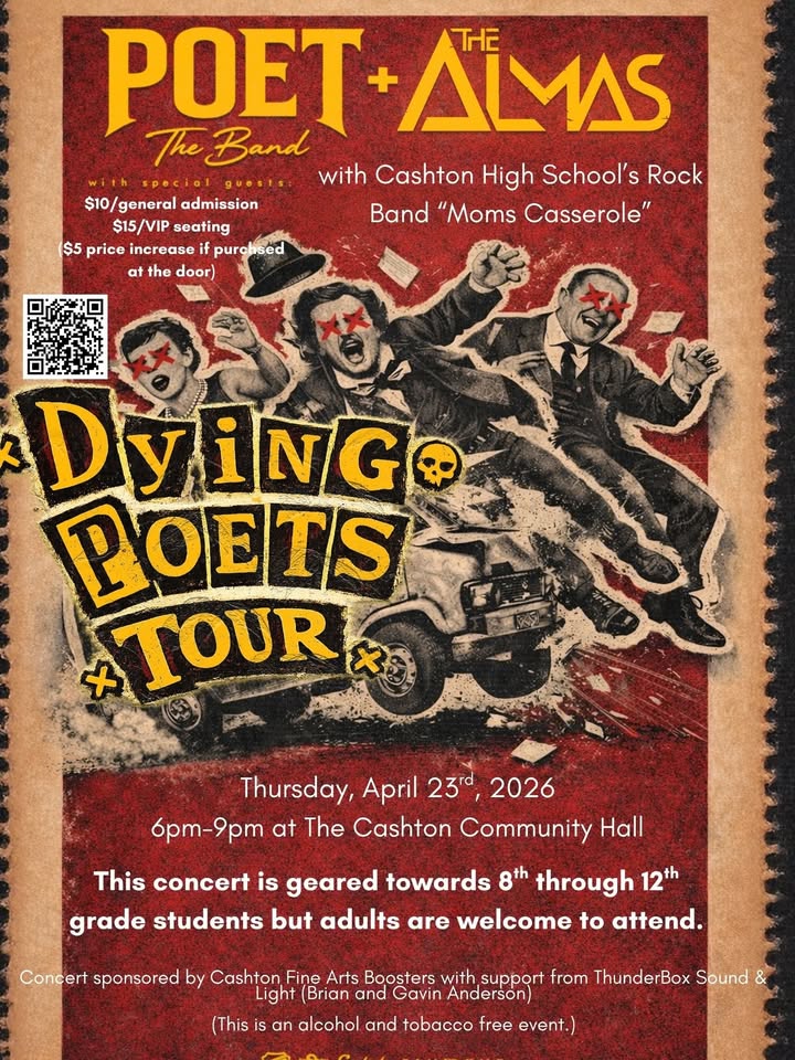 "Dying Poets Tour” featuring a chaotic scene of people flying out of a crashing vehicle.