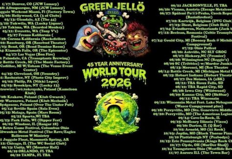 A poster with the tour dates and places with the earth drawn to show it being sick.