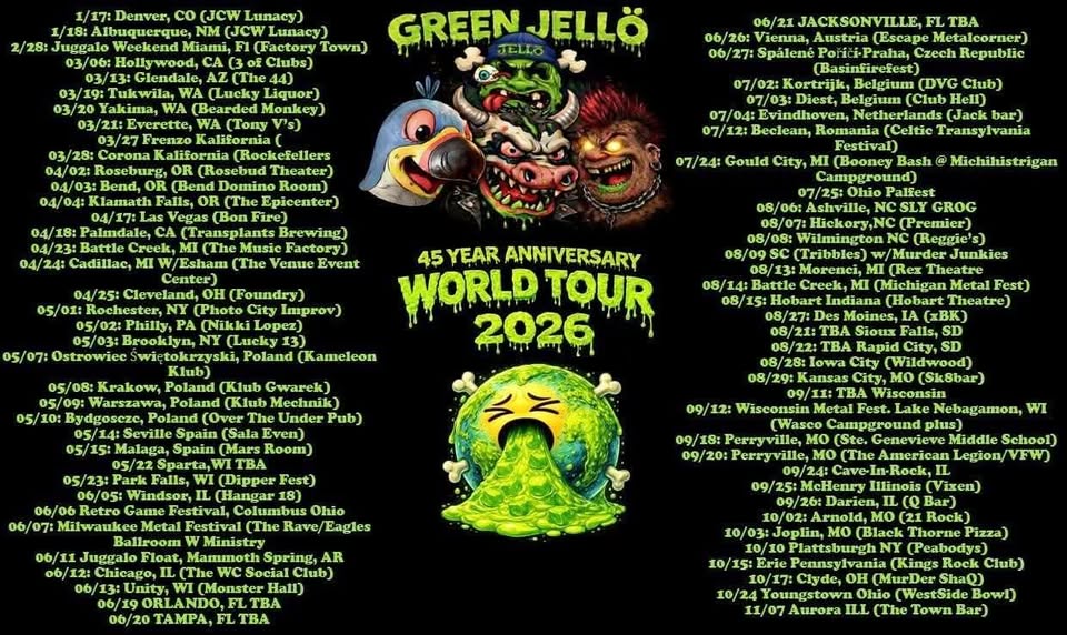 A poster with the tour dates and places with the earth drawn to show it being sick.