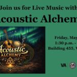 A green poster with Acoustic instruments on it.