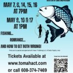 A poster with a man holding a fishing rod and a woman standing inside of a hoop of the fishing line, along with a fish on the poster.
