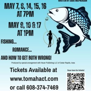 A poster with a man holding a fishing rod and a woman standing inside of a hoop of the fishing line, along with a fish on the poster.