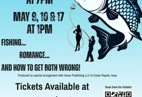 A poster with a man holding a fishing rod and a woman standing inside of a hoop of the fishing line, along with a fish on the poster.