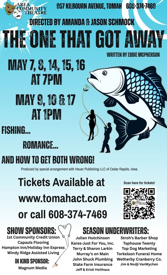 A poster with a man holding a fishing rod and a woman standing inside of a hoop of the fishing line, along with a fish on the poster.