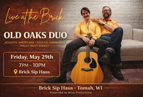 A poster with a picture of the band Old Oaks Duo with the event information.